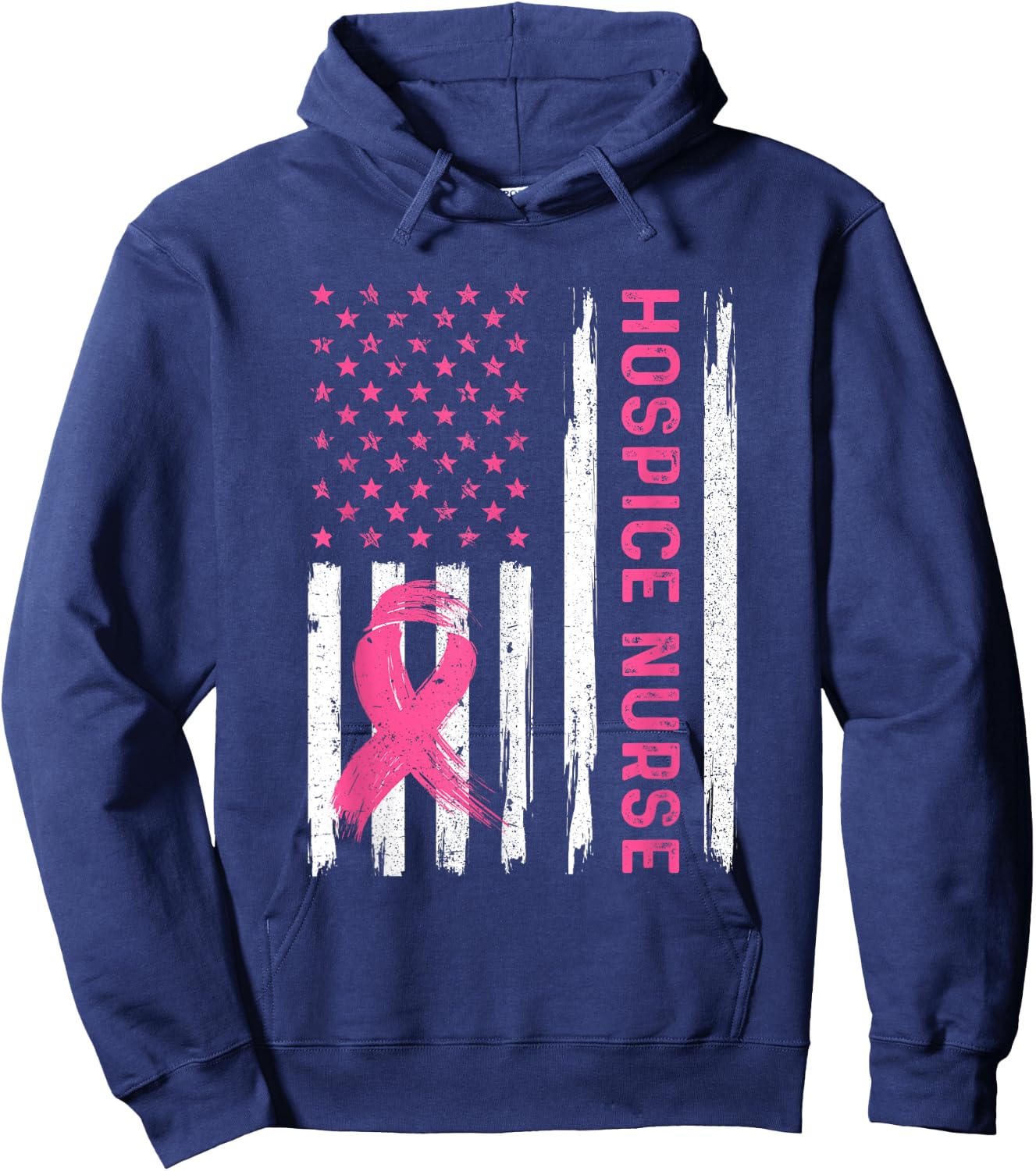 Hospice Nurse American Flag Nurse Breast Cancer Awareness Hoodie - Hoodie | Navy