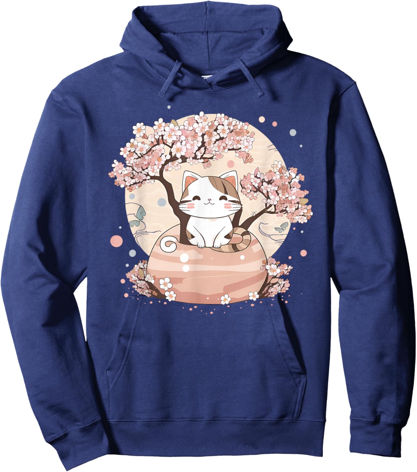 Cherry Blossom Tree Cat Japanese Aesthetic Vaporwave Anime Hoodie - Hoodie | Navy