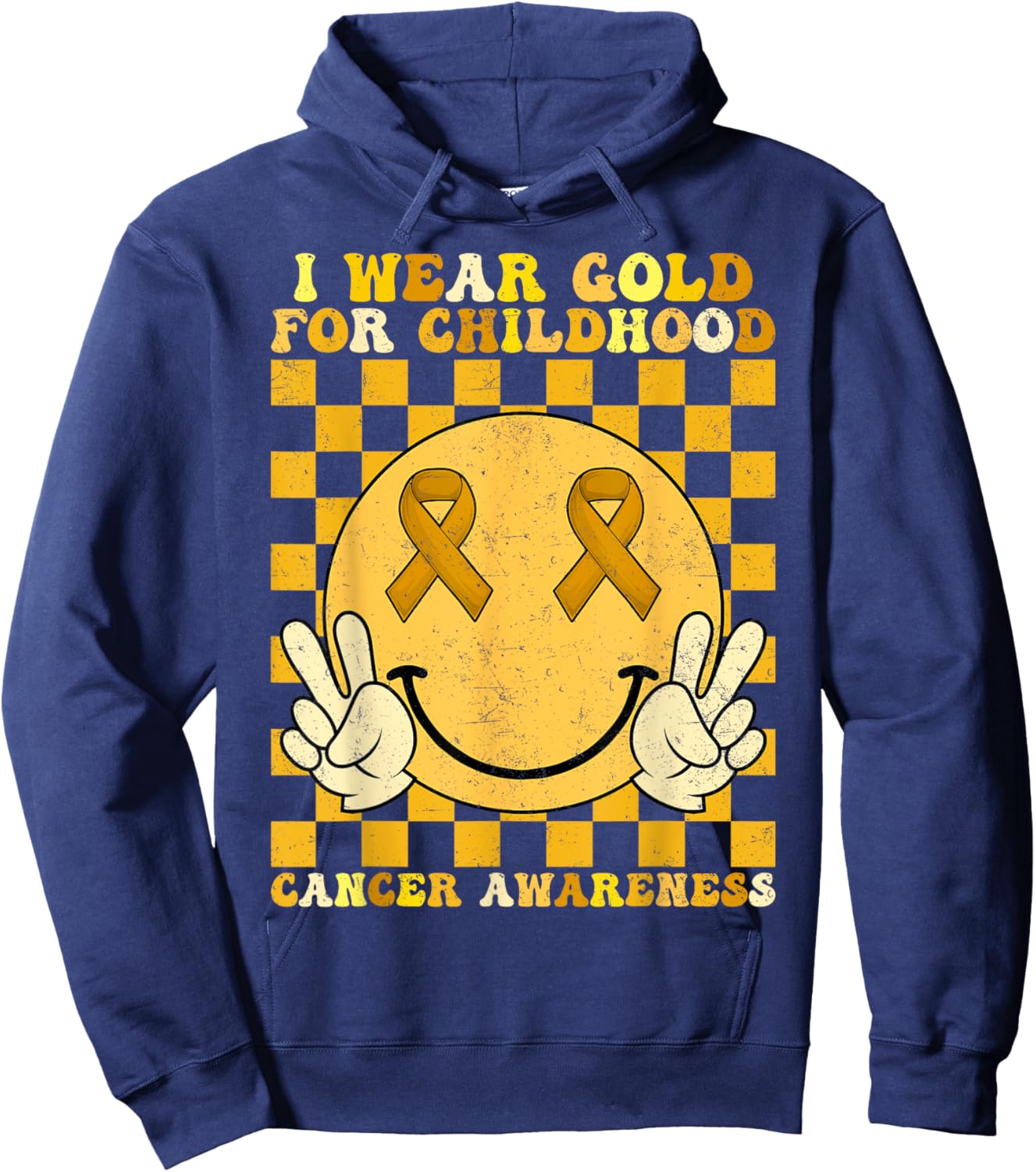 Groovy I Wear Gold For Childhood Cancer Awareness Smile Face Hoodie - Hoodie | Navy
