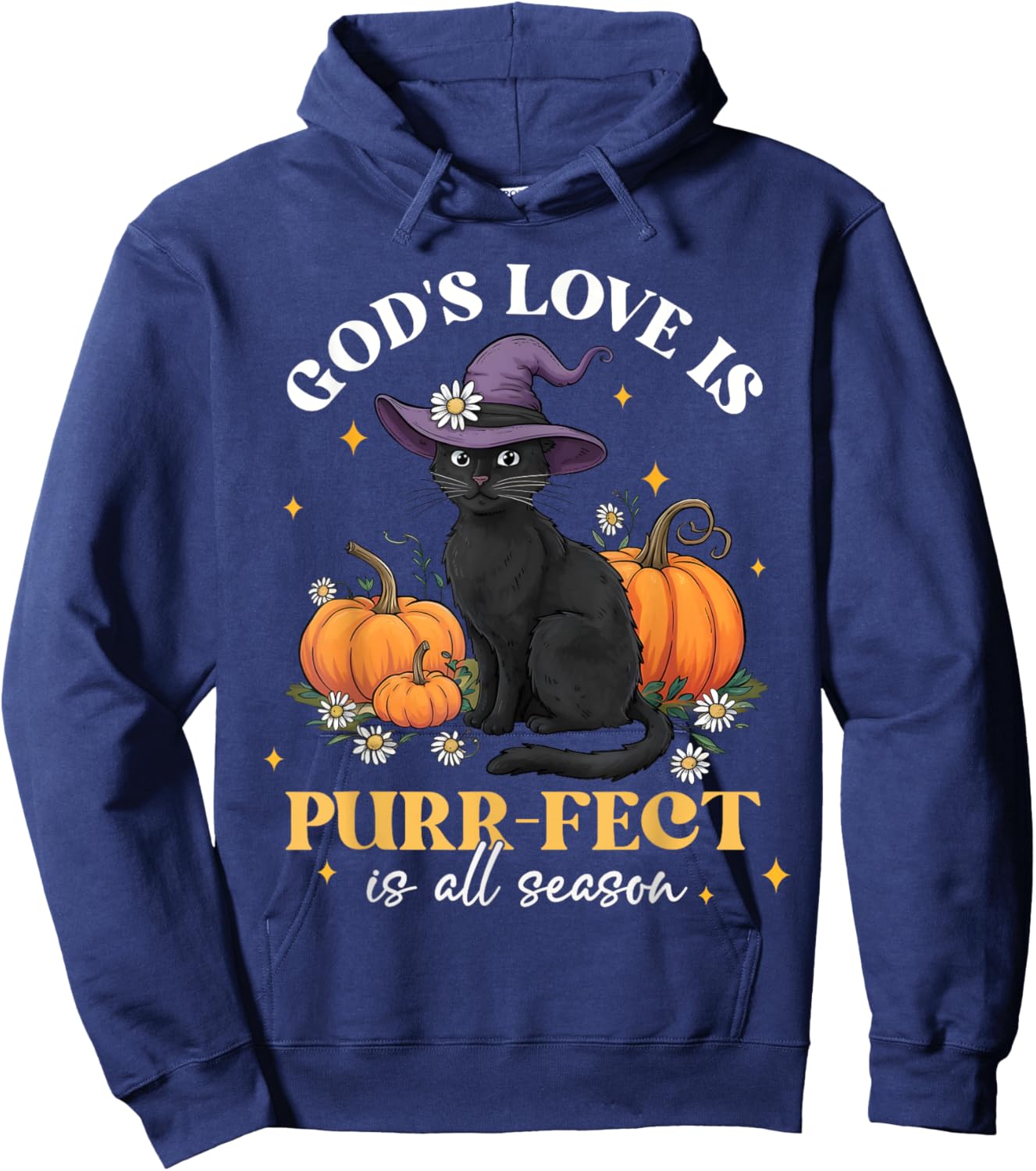 God's Love Is Purr-fect Witch Black Cat Pumpkin Flowers Hoodie - Hoodie | Navy