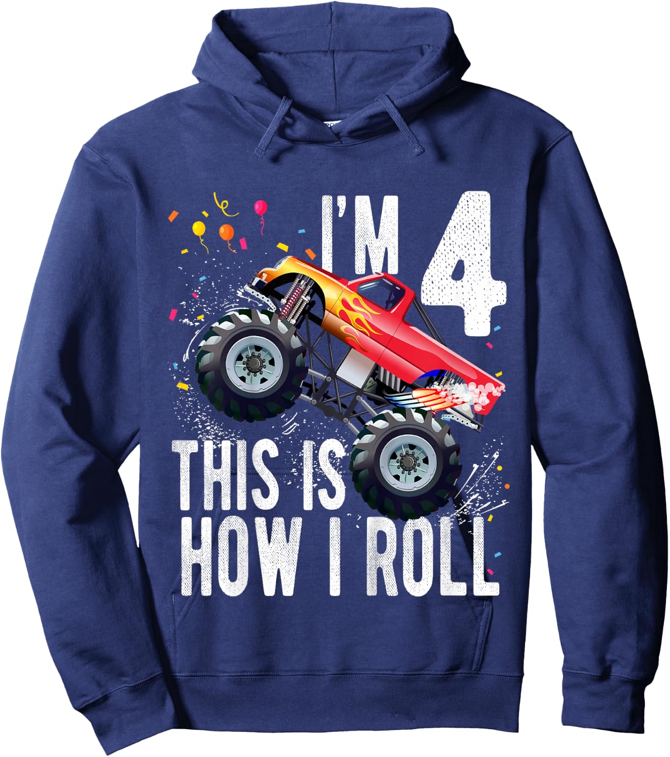Kids 4 Year Old Shirt 4th Birthday Boy Monster Truck Car Hoodie - Hoodie | Navy