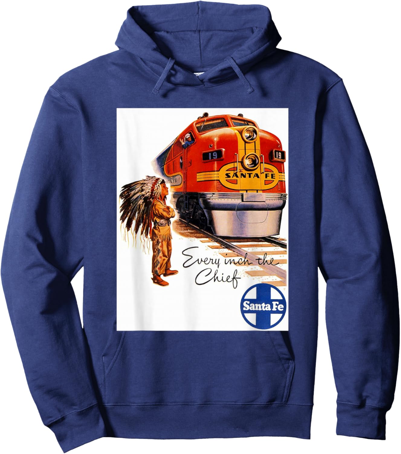 Retro Vintage Movie Posters Prints Ads Santa Fe Railway Native American Train Rails Travel - Men's X-Small Black Short Sleeve Classic Fit Pull On Hoodie - Hoodie | Navy