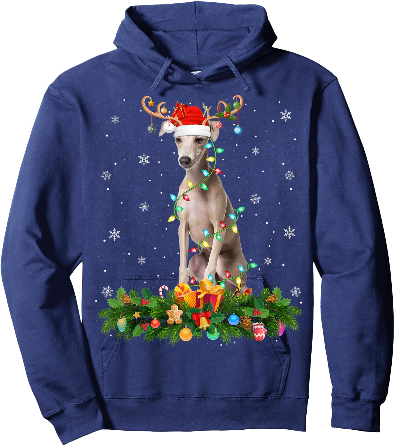 Xmas Holiday Reindeer Santa Italian Greyhound Dog Christmas Hoodie - Hoodie | Navy