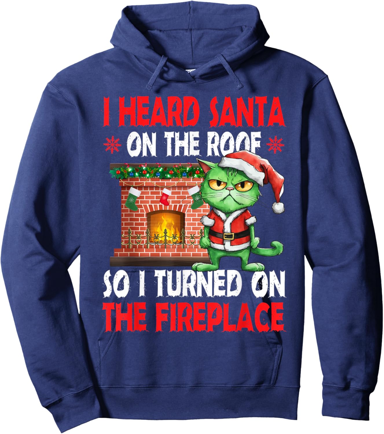 Grumpy Hates Santa Pun Fireplace Christmas Cat Hoodie - Hoodie | Navy