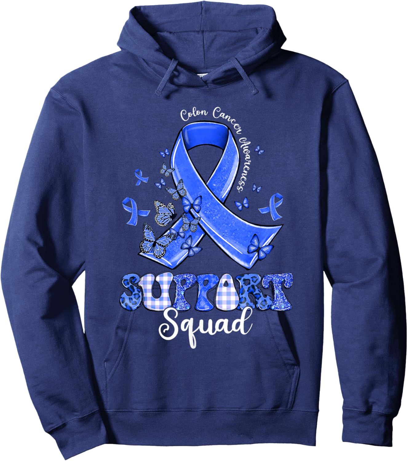 Support Squad Dark Blue Ribbon Butterfly Colon Cancer Hoodie - Hoodie | Navy
