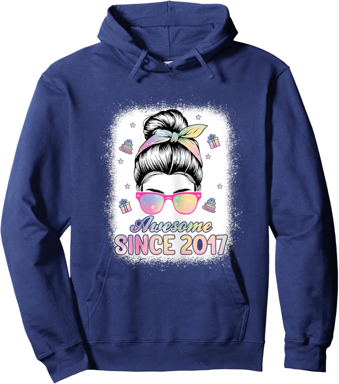 Awesome Since 2017 Messy Bun Hair 8th Birthday Party Girls Hoodie - Hoodie | Navy