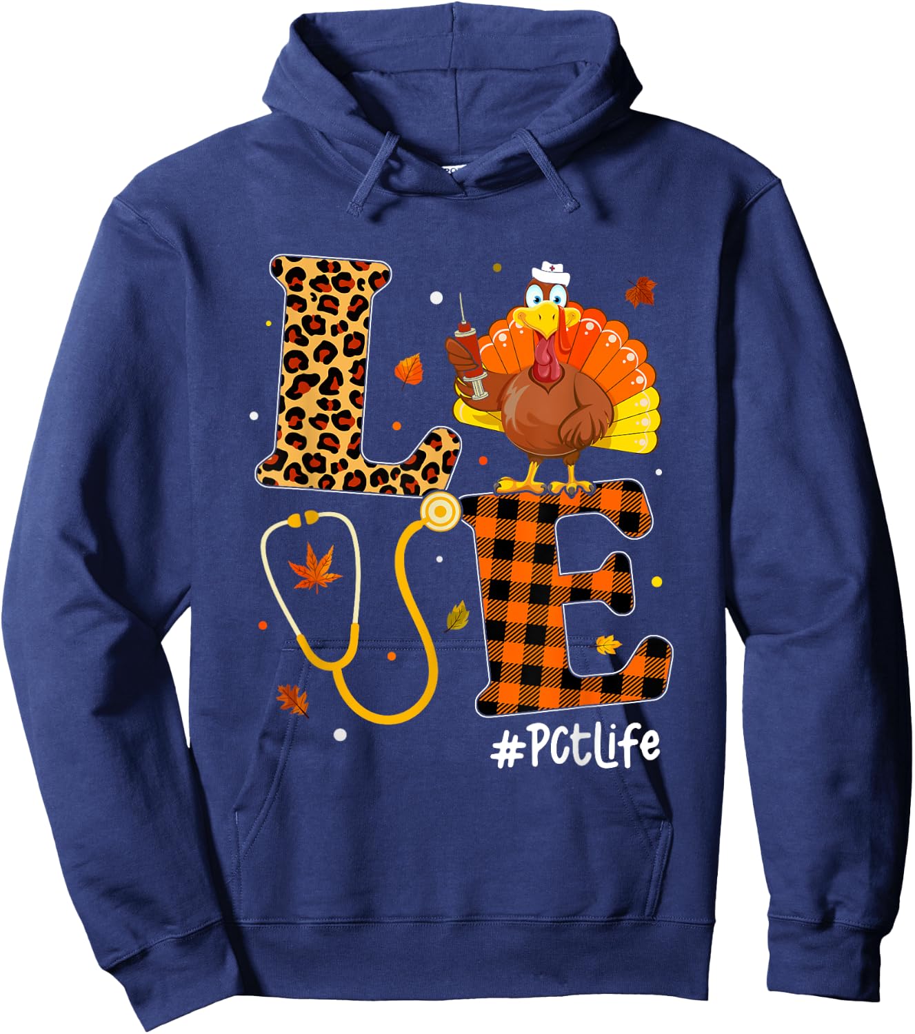 Love Nurse Life Fall PCT Nurse Leopard Plaid Thanksgiving Hoodie - Hoodie | Navy