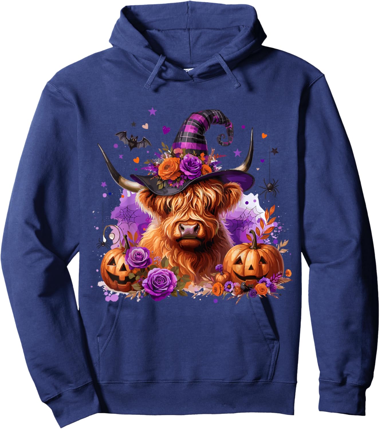 Halloween Highland Cow Pumpkin Witchy Bat Hoodie - Hoodie | Navy