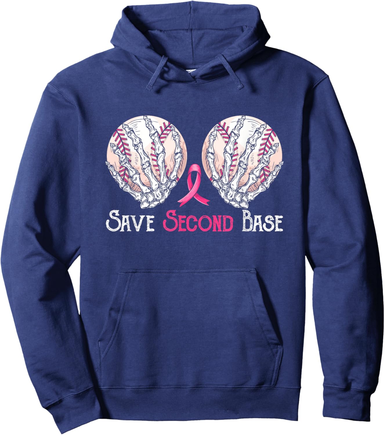 Save 2nd Second-Base Baseball Player Breast Cancer Awareness Hoodie - Hoodie | Navy