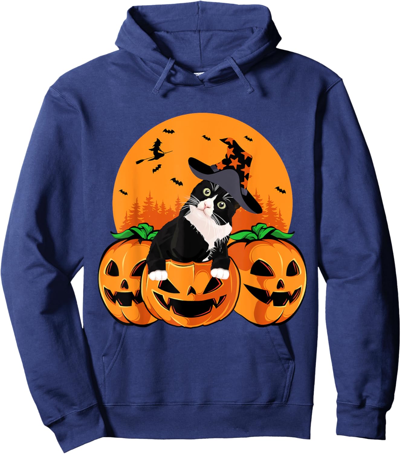 Tuxedo Cat Witch Hat Halloween Scary Jack O Lantern Pumpkins Hoodie - Hoodie | Navy