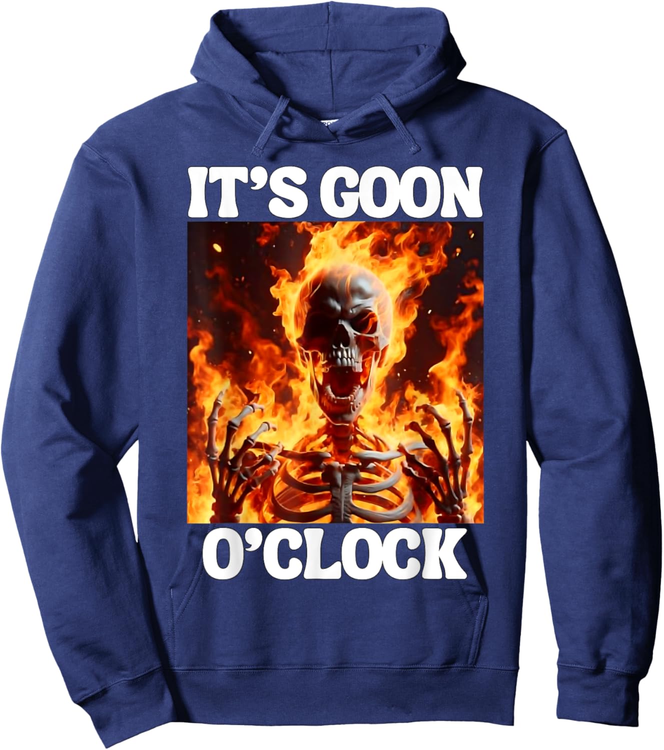 Gooning O'clock Funny Cringe Hard Skeleton Meme Flames Hoodie - Hoodie | Navy