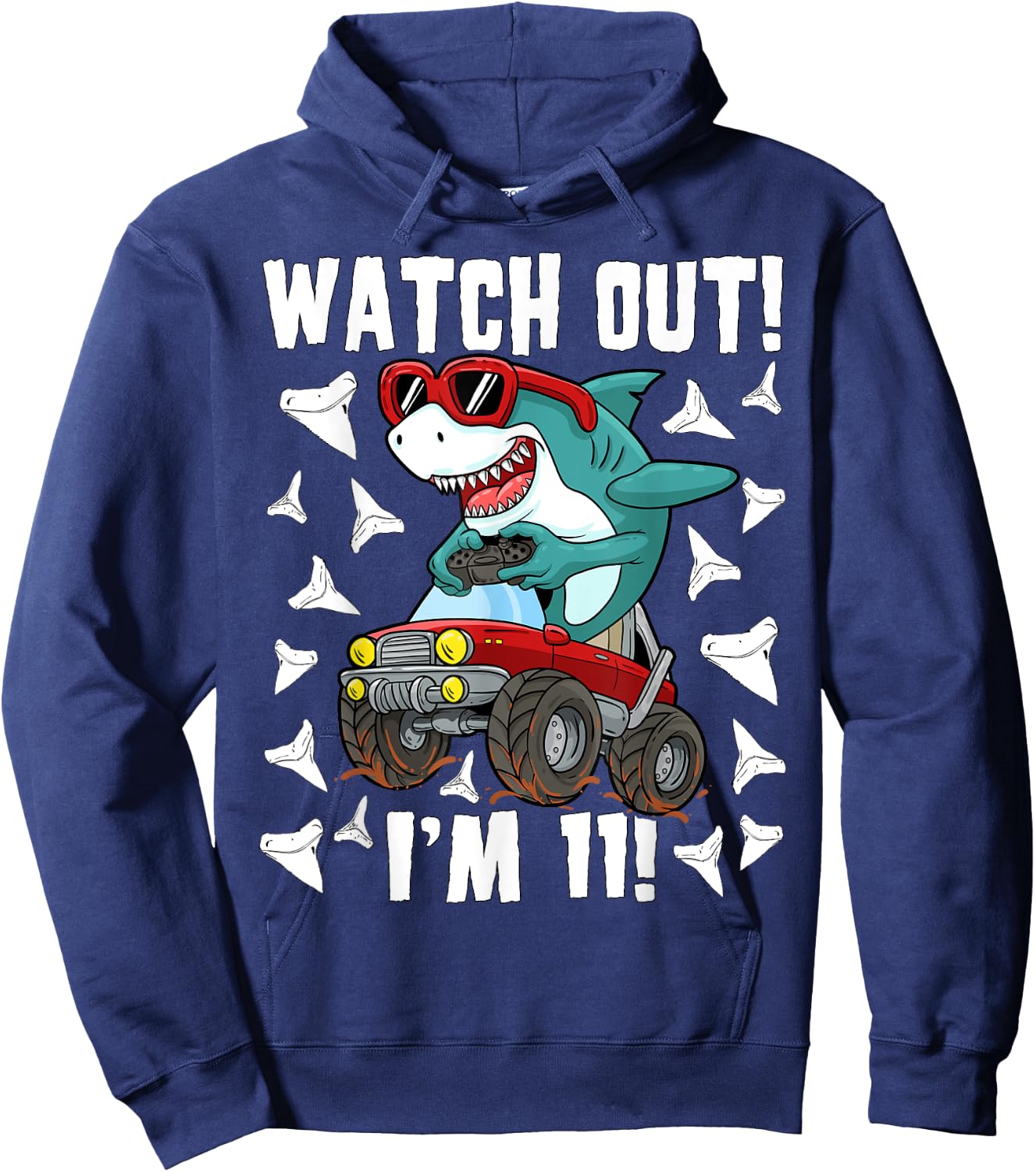 11 Years Old 11th Birthday Shark Boy Monster Truck Gamer Hoodie - Hoodie | Navy