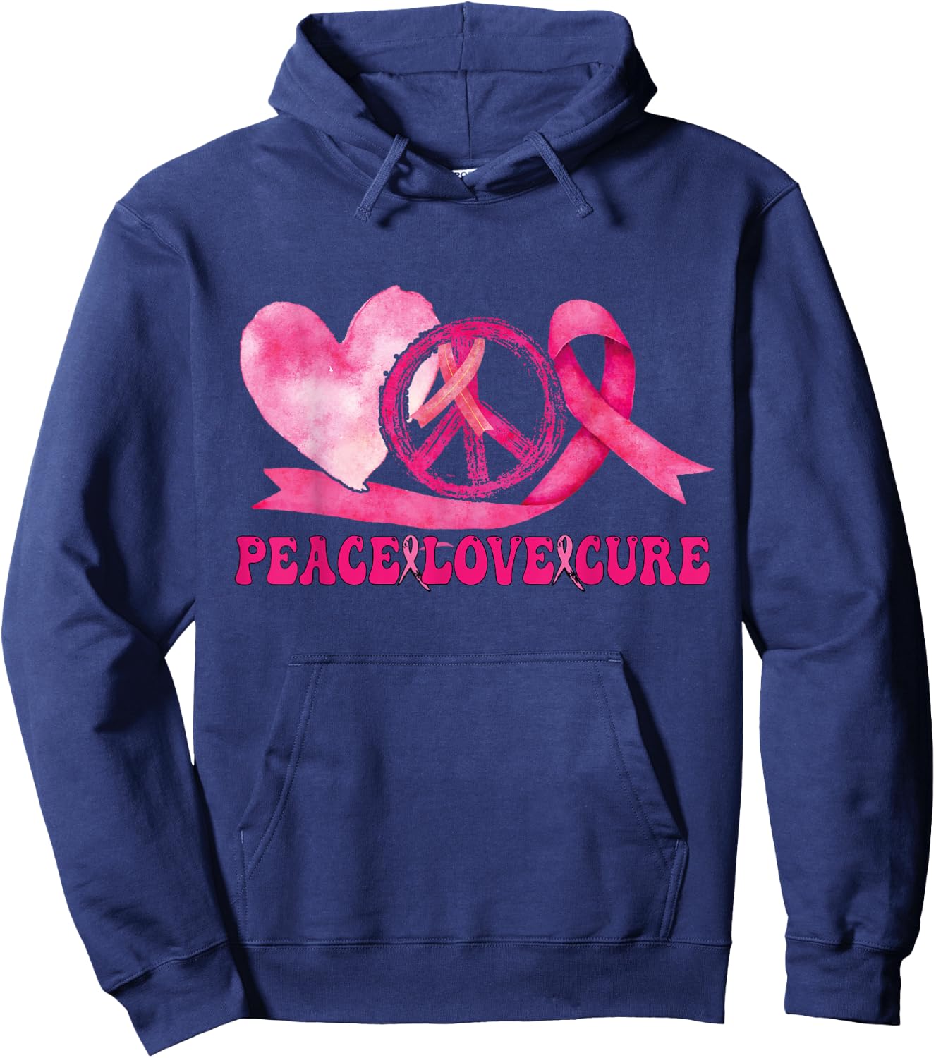 Peace Love Cure Pink Ribbon Cancer Breast Awareness Hoodie - Hoodie | Navy