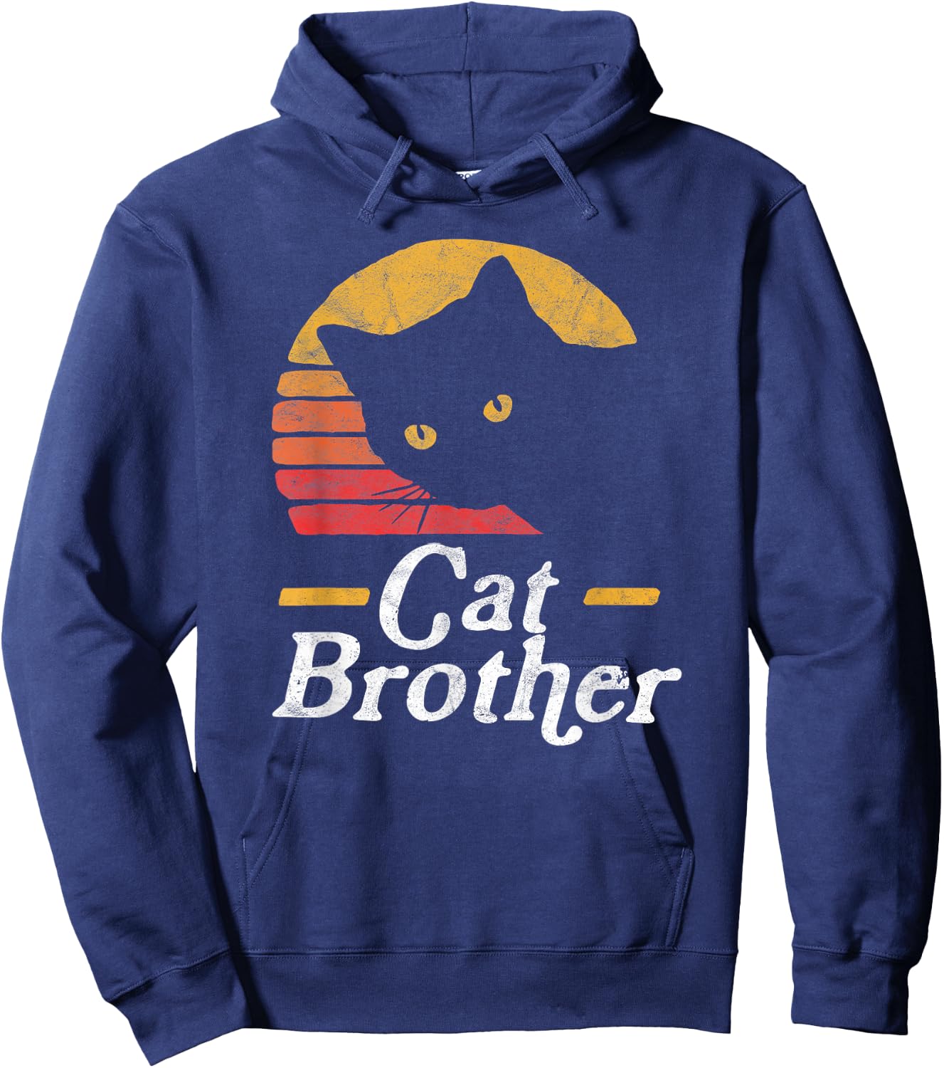 Cat Brother Vintage Eighties Style Sun Cat Retro Distressed Hoodie - Hoodie | Navy