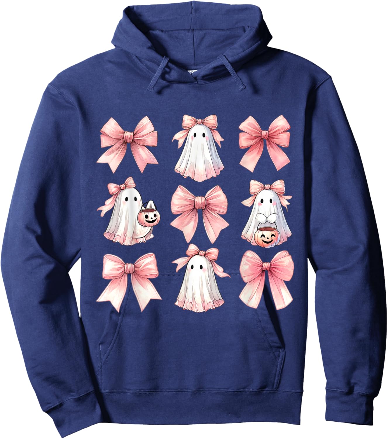 Cute Ghost Florals Pink Coquette Bows Pumpkins Halloween Hoodie - Hoodie | Navy