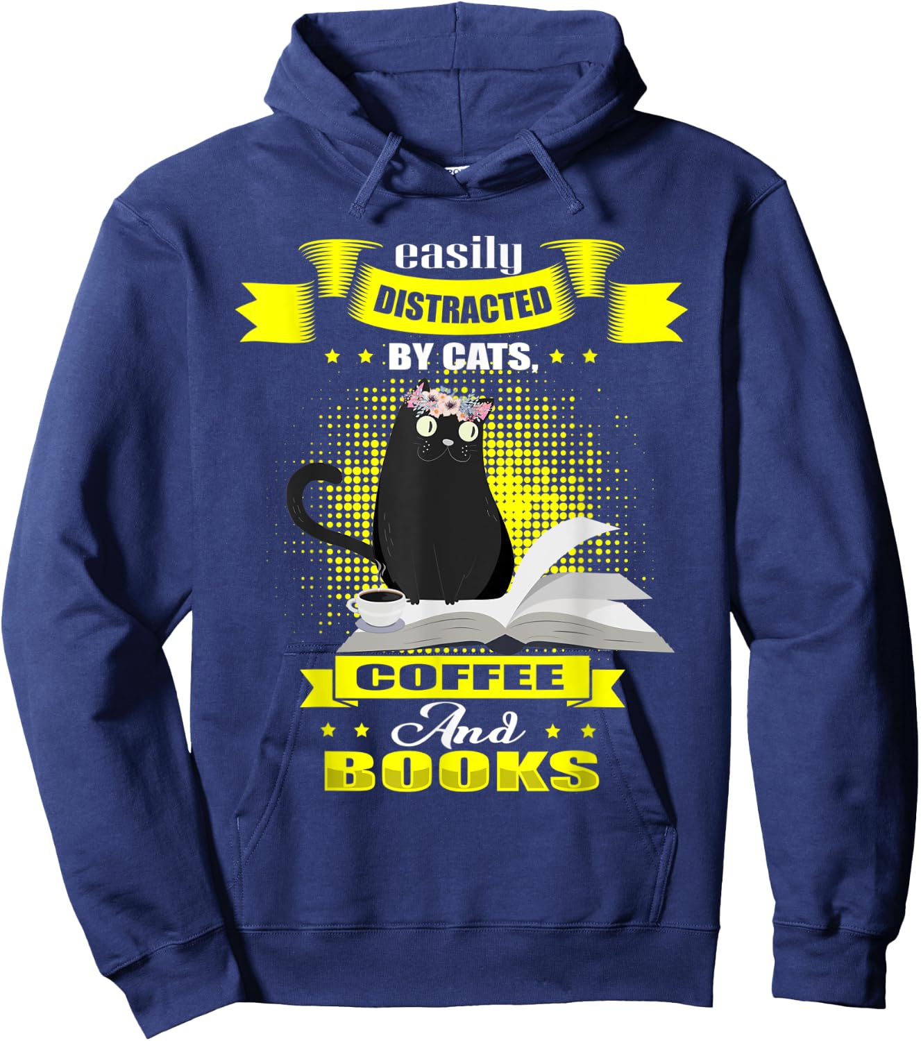 Easily Distracted by Cats Coffee Books Vintage Kitten Hoodie - Hoodie | Navy