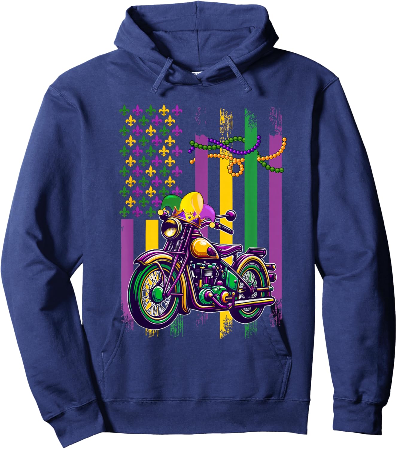 American Flag Mardi Gras Motorcycle Wearing Jester Hat Beads Hoodie - Hoodie | Navy