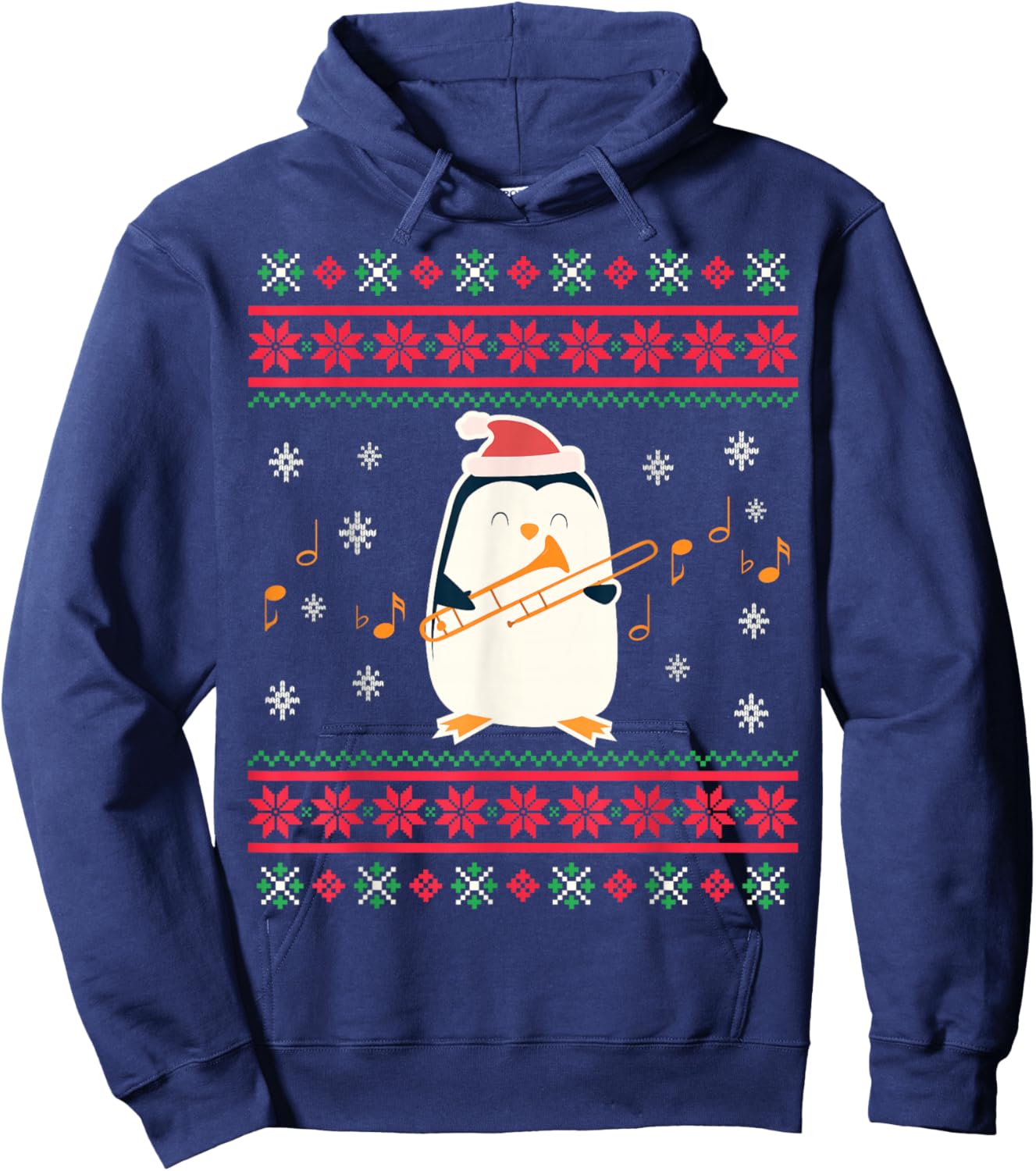 Santa Hat Penguin Playing Trombone Ugly Christmas Trombonist Hoodie - Hoodie | Navy