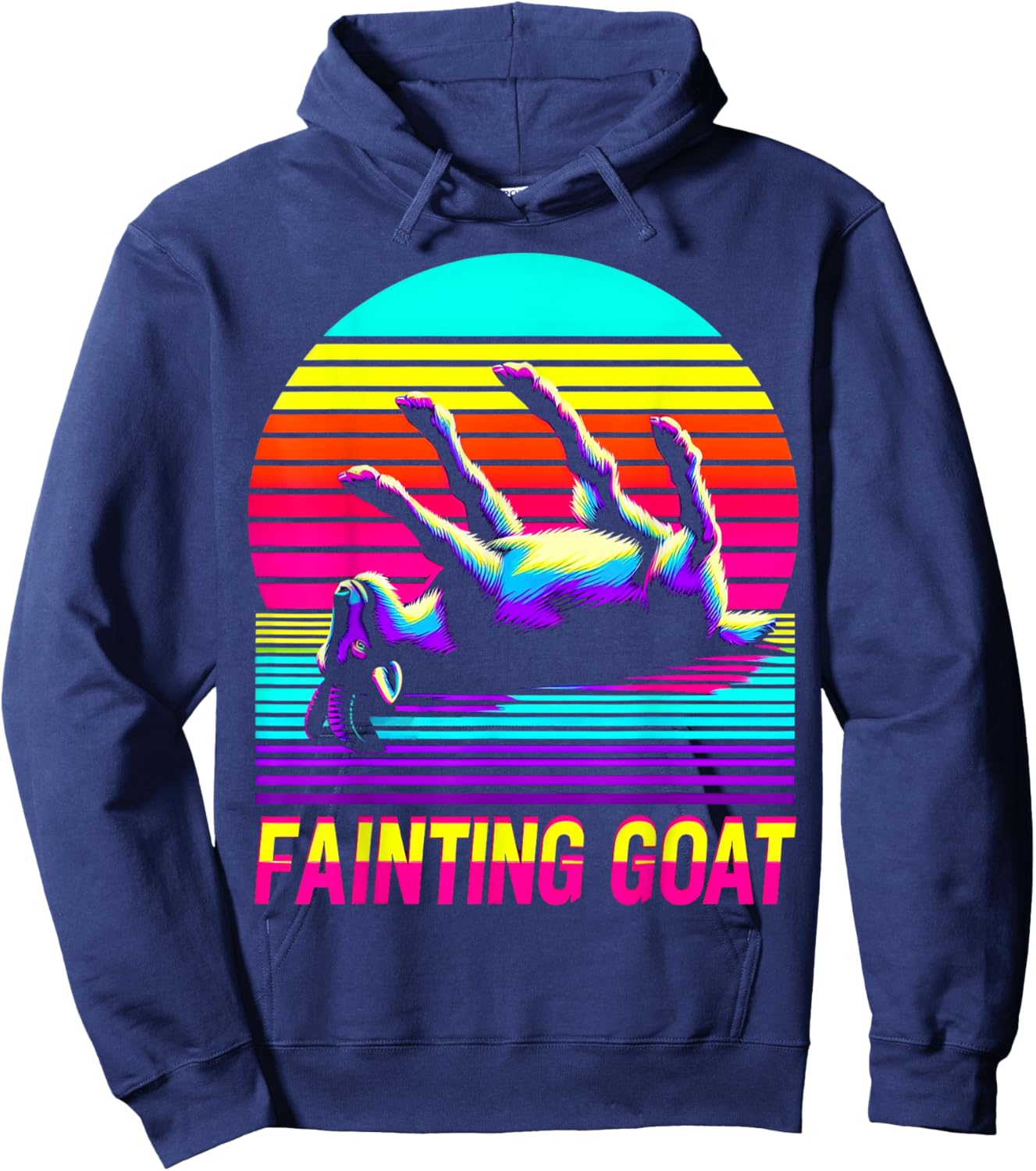 Retro Sunset Fainting Goat - Funny Animal Vaporwave Hoodie - Hoodie | Navy
