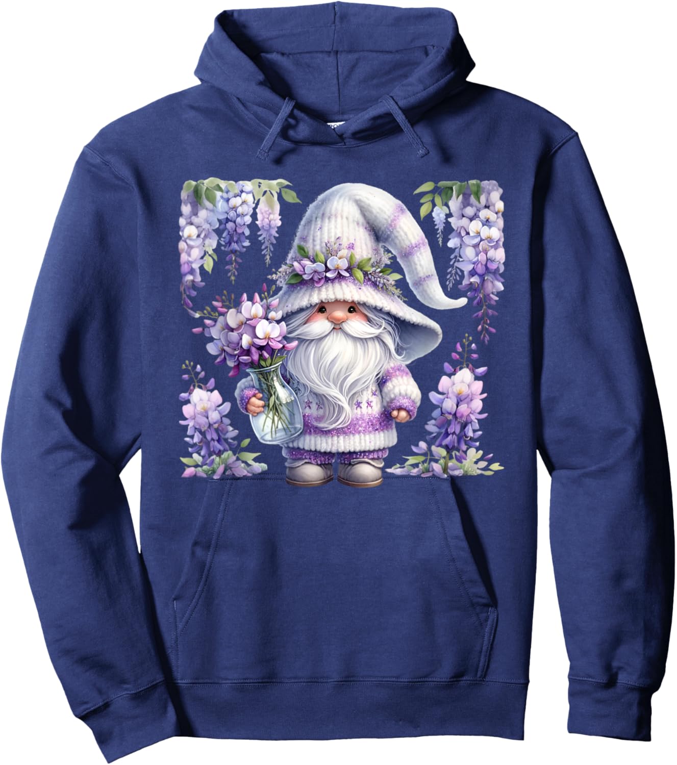 Purple Wisteria Flowers For Mom Cute Gardening Gnome Floral Hoodie - Hoodie | Navy