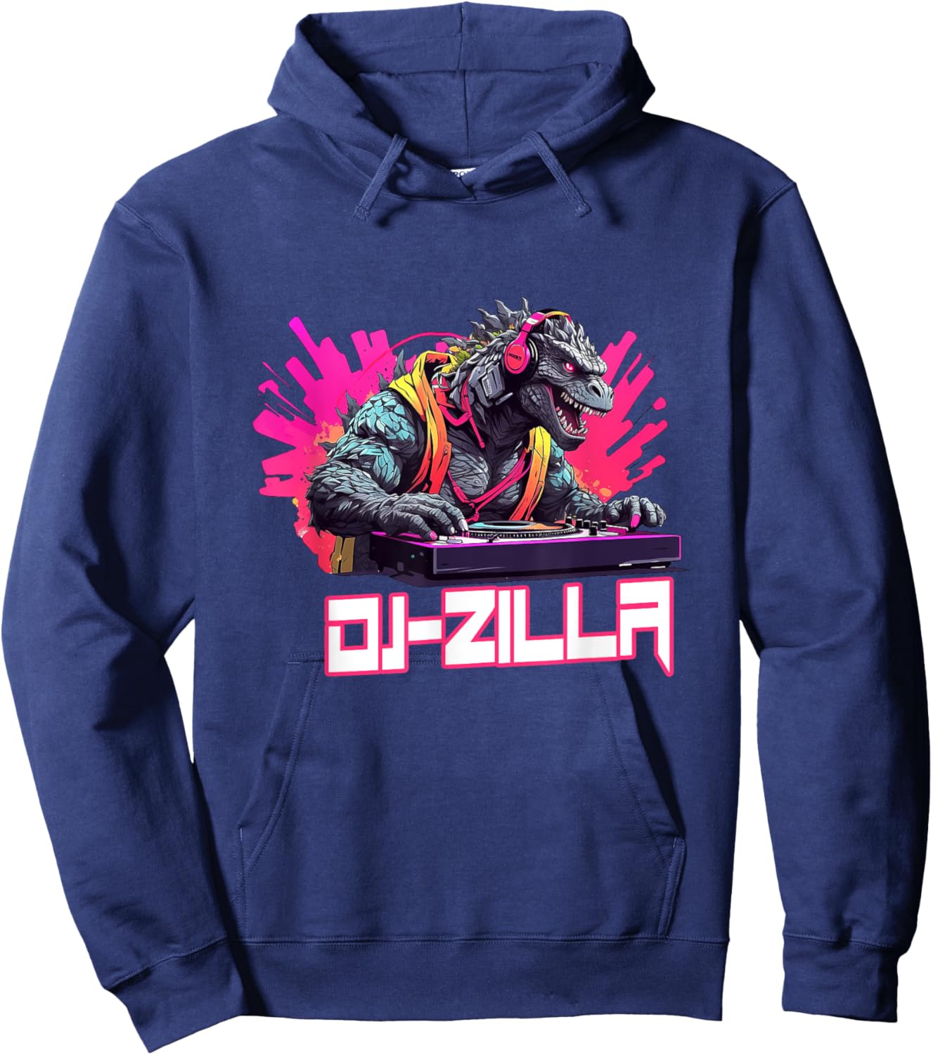 Japanese Monster Kaiju Dj-Zilla With Headphones Spinning Hoodie - Hoodie | Navy