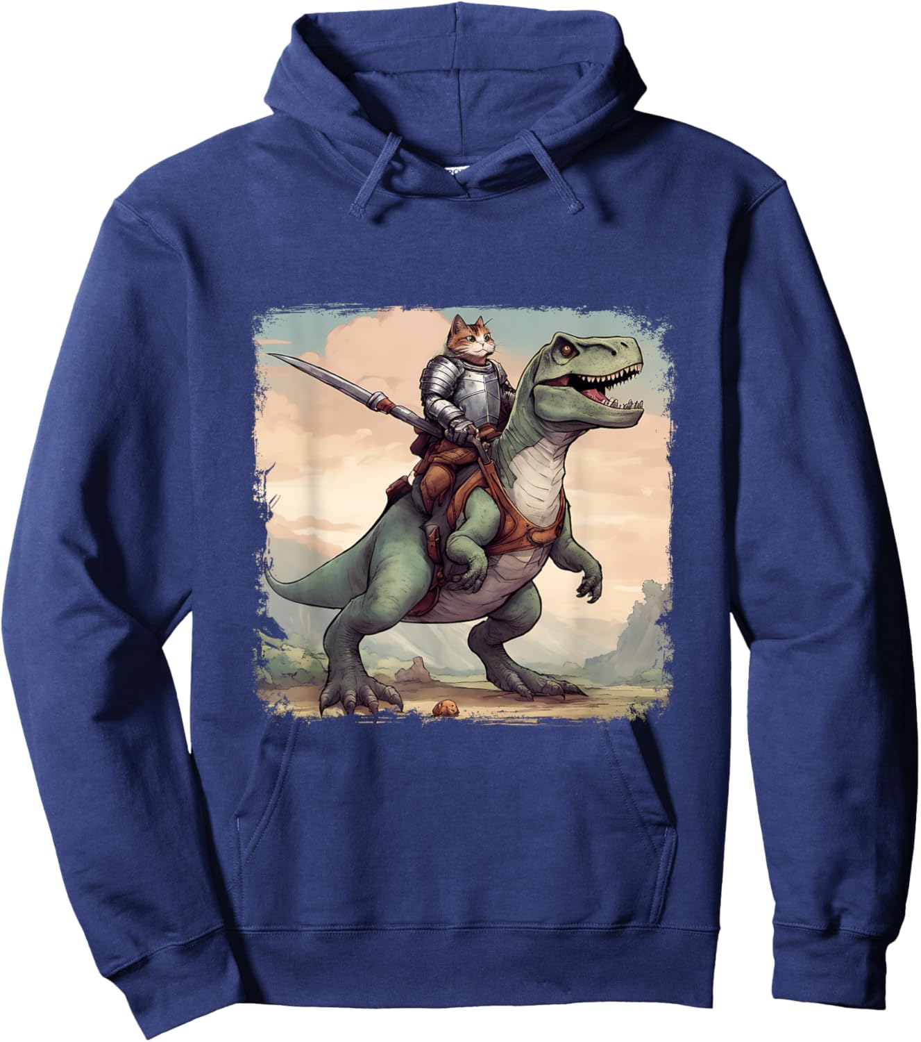 Cat Knight riding a T-Rex. Fun Men Women Hoodie - Hoodie | Navy