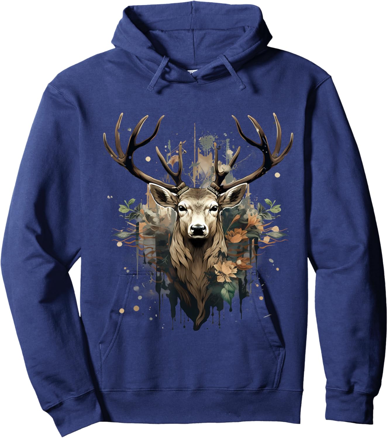 Deer Portrait Floral Artwork Wildlife Nature Animal Lovers Hoodie - Hoodie | Navy