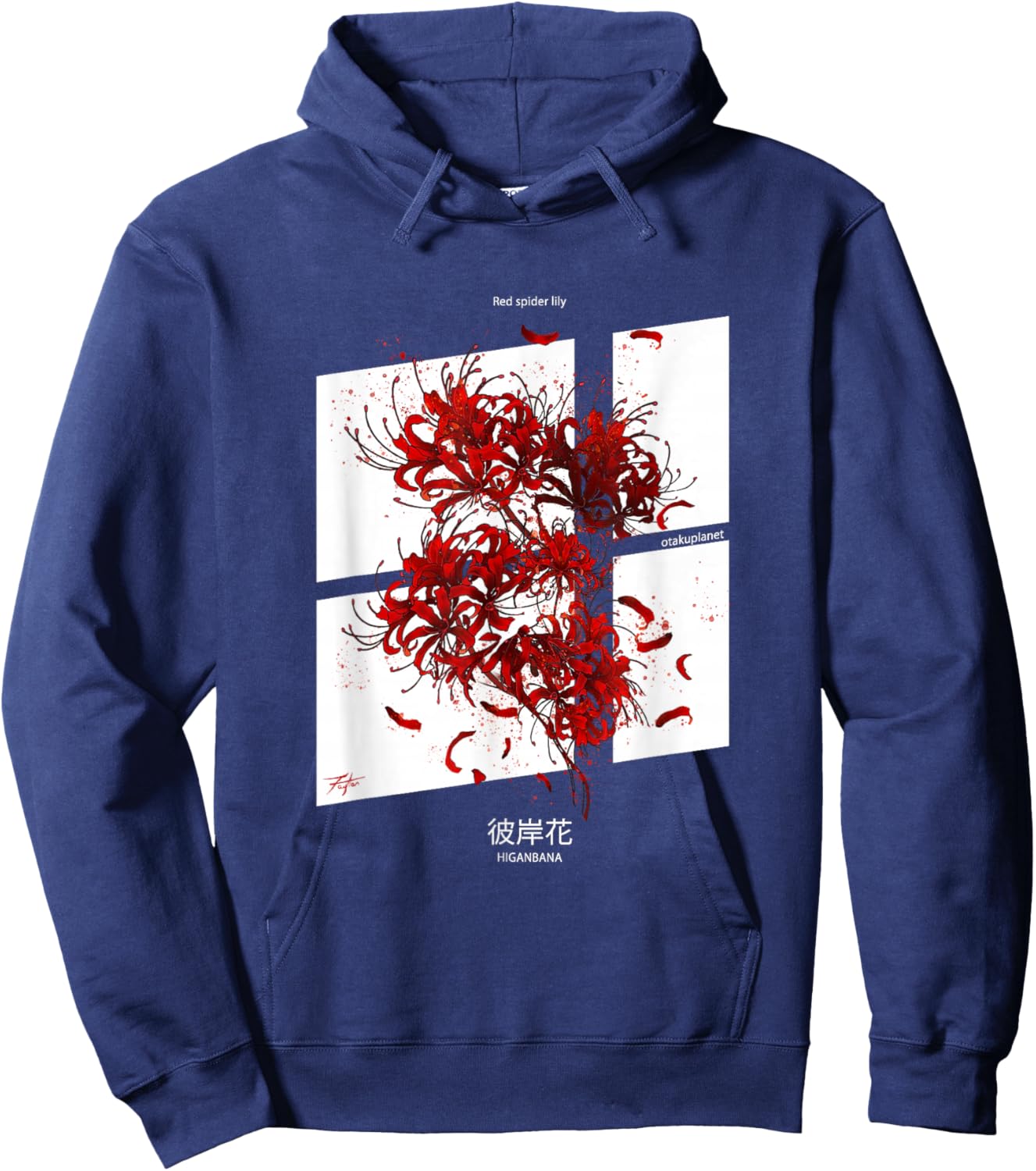 Higanbana or Red Spider Lily in Japanese soft Grunge Anime Hoodie - Hoodie | Navy