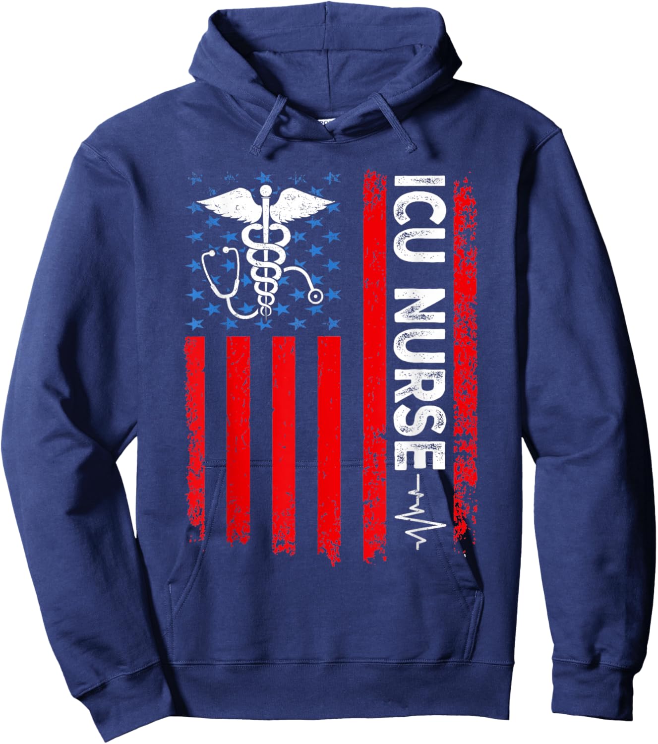 ICU Nurse American Flag Patriotic Intensive Care Unit Nurse Hoodie - Hoodie | Navy