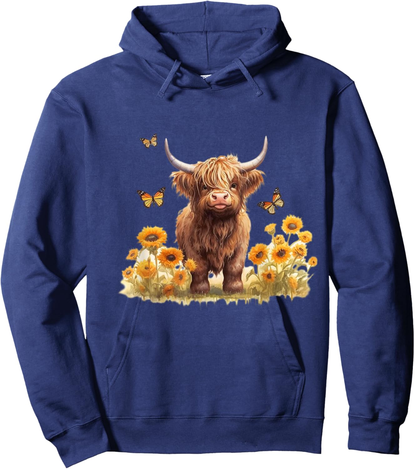 Cute Highland cow with sunflowers country Heifer Farm Farmer Hoodie - Hoodie | Navy