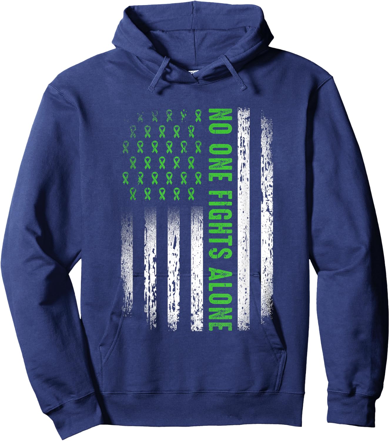 American Flag No One Fights Mental Health Alone Green Ribbon Hoodie - Hoodie | Navy