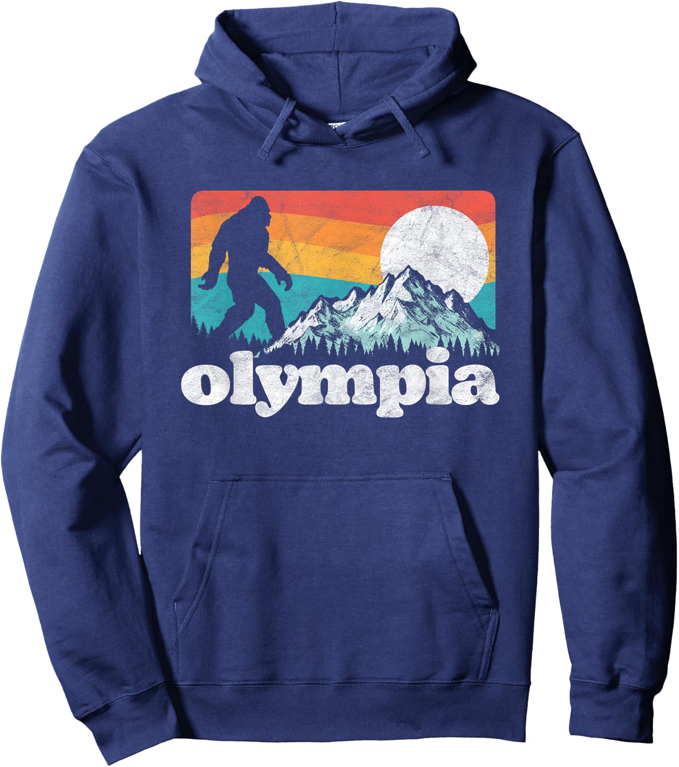 Olympia Washington Bigfoot Mountains Retro Distressed 80s Hoodie - Hoodie | Navy