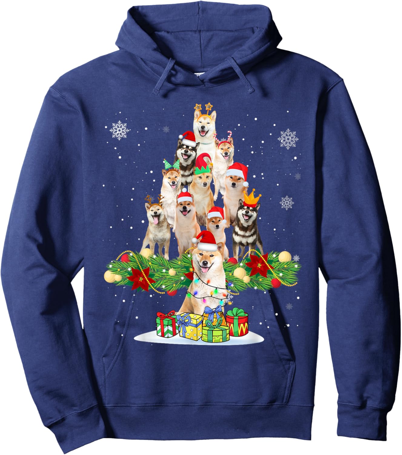Ugly Sweater Christmas Tree Shiba Inu Dog Xmas Lights Hoodie - Hoodie | Navy