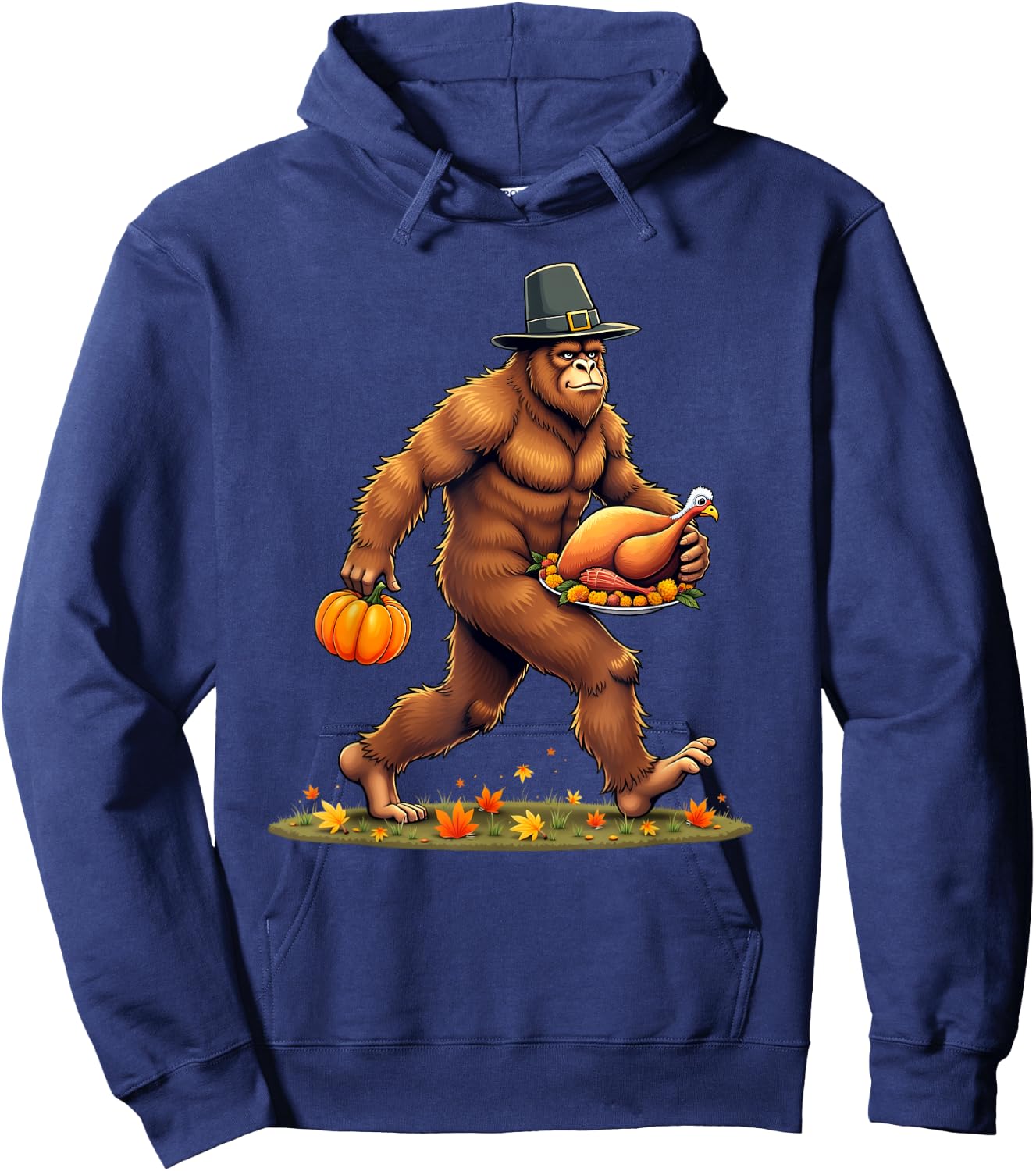 Funny Bigfoot Thanksgiving Day Pilgrim Turkey Pumpkin Hoodie - Hoodie | Navy