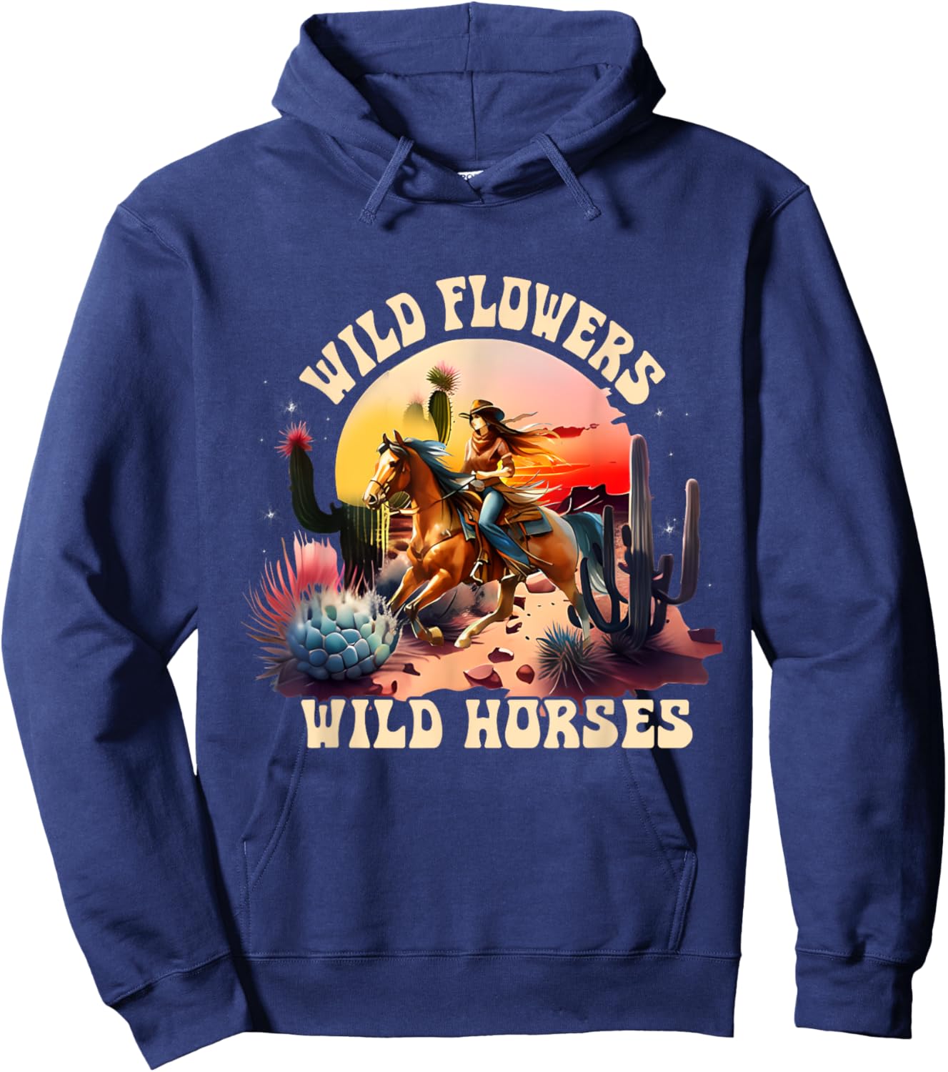 Sunset Cowgirl Riding Horse Wild Flowers - Wild Horses Hoodie - Hoodie | Navy