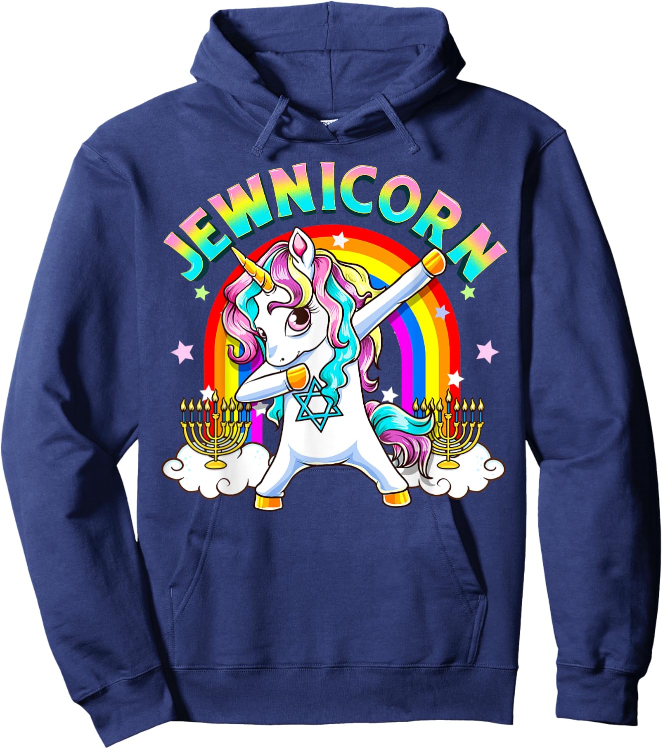 Jewnicorn Funny Cute Hanukkah Jewish Rainbow Unicorn Menorah Hoodie - Hoodie | Navy