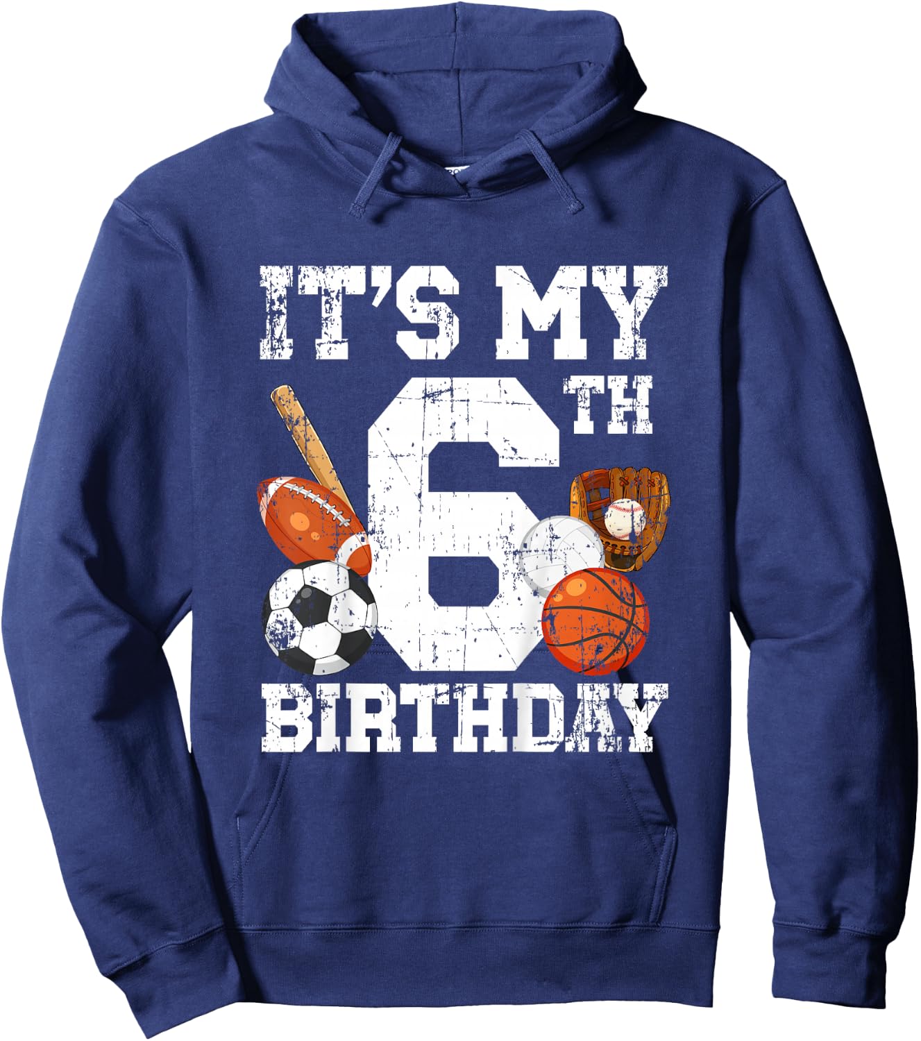 6 Year Old Sports Birthday Theme Sixth Bday Kids 2T Black Sports Birthday Hoodie - Hoodie | Navy