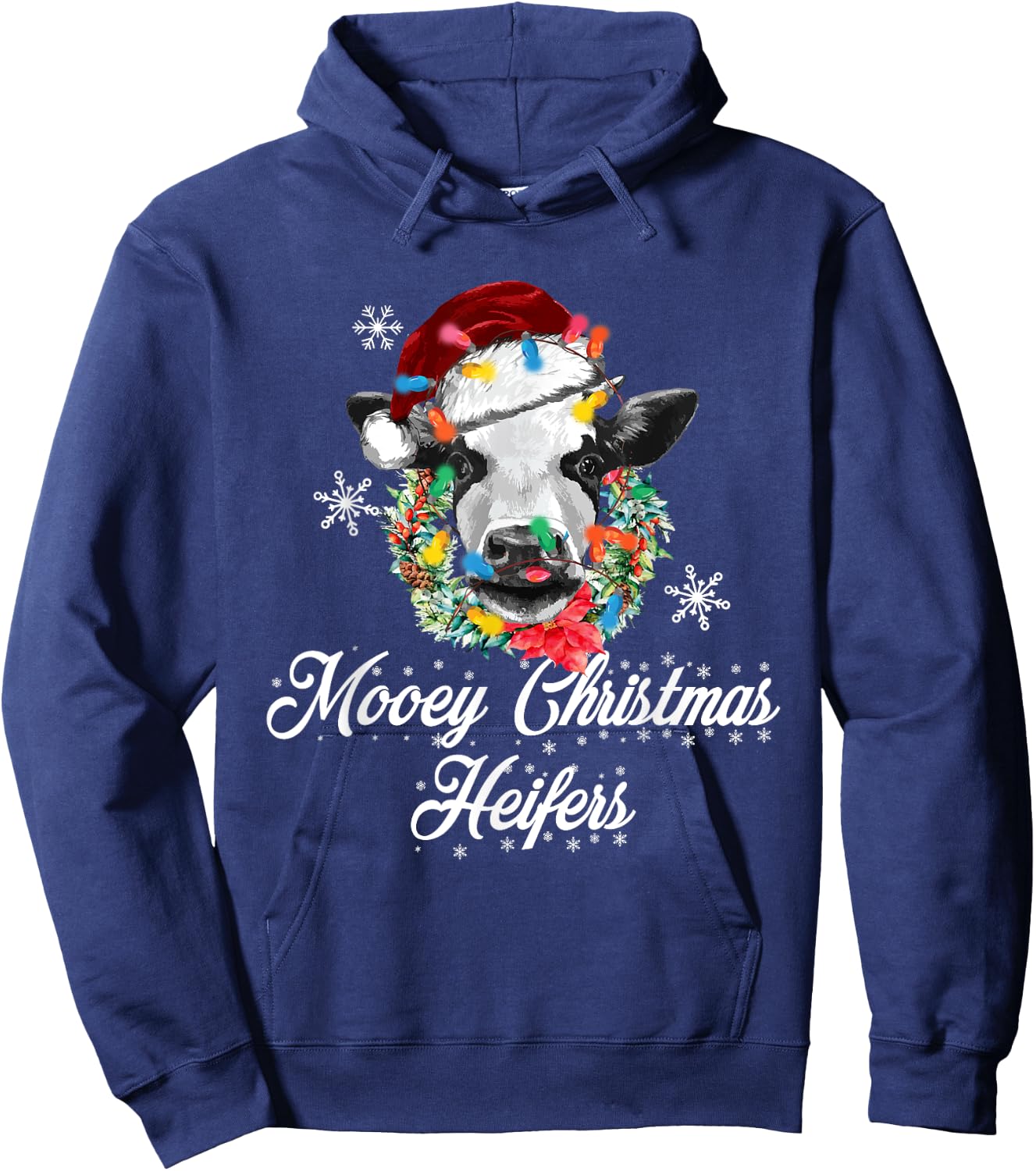 Mooey Christmas Heifers Santa Cow Christmas Lights Funny Hoodie - Hoodie | Navy