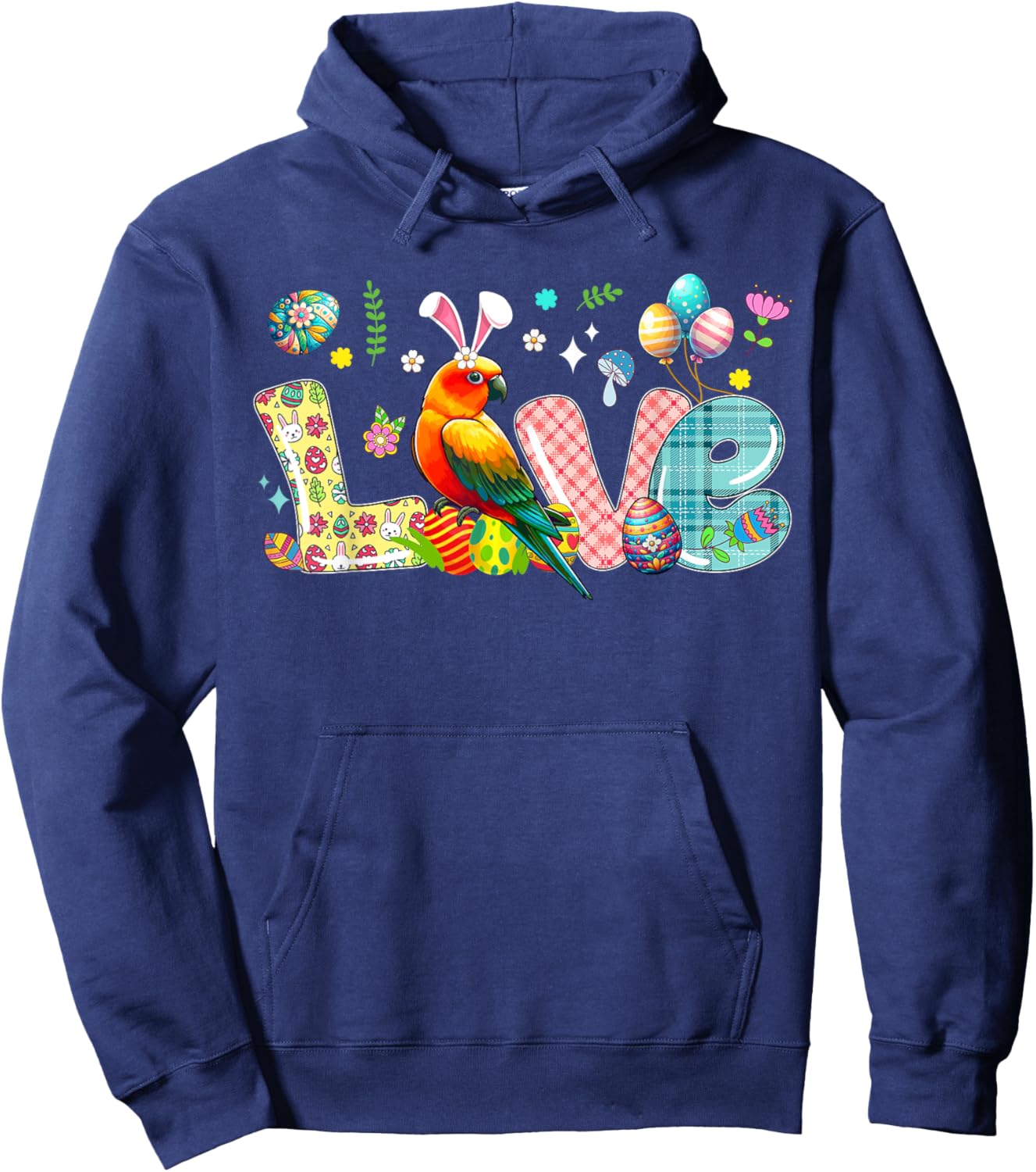 Love Easter Bunny Sun Conure Hunting Eggs Flowers Colourful Hoodie - Hoodie | Navy