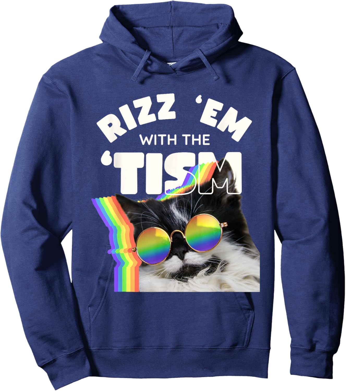Autism Funny Rizz Em With The Tism Meme Autistic Cat Rainbow Hoodie - Hoodie | Navy