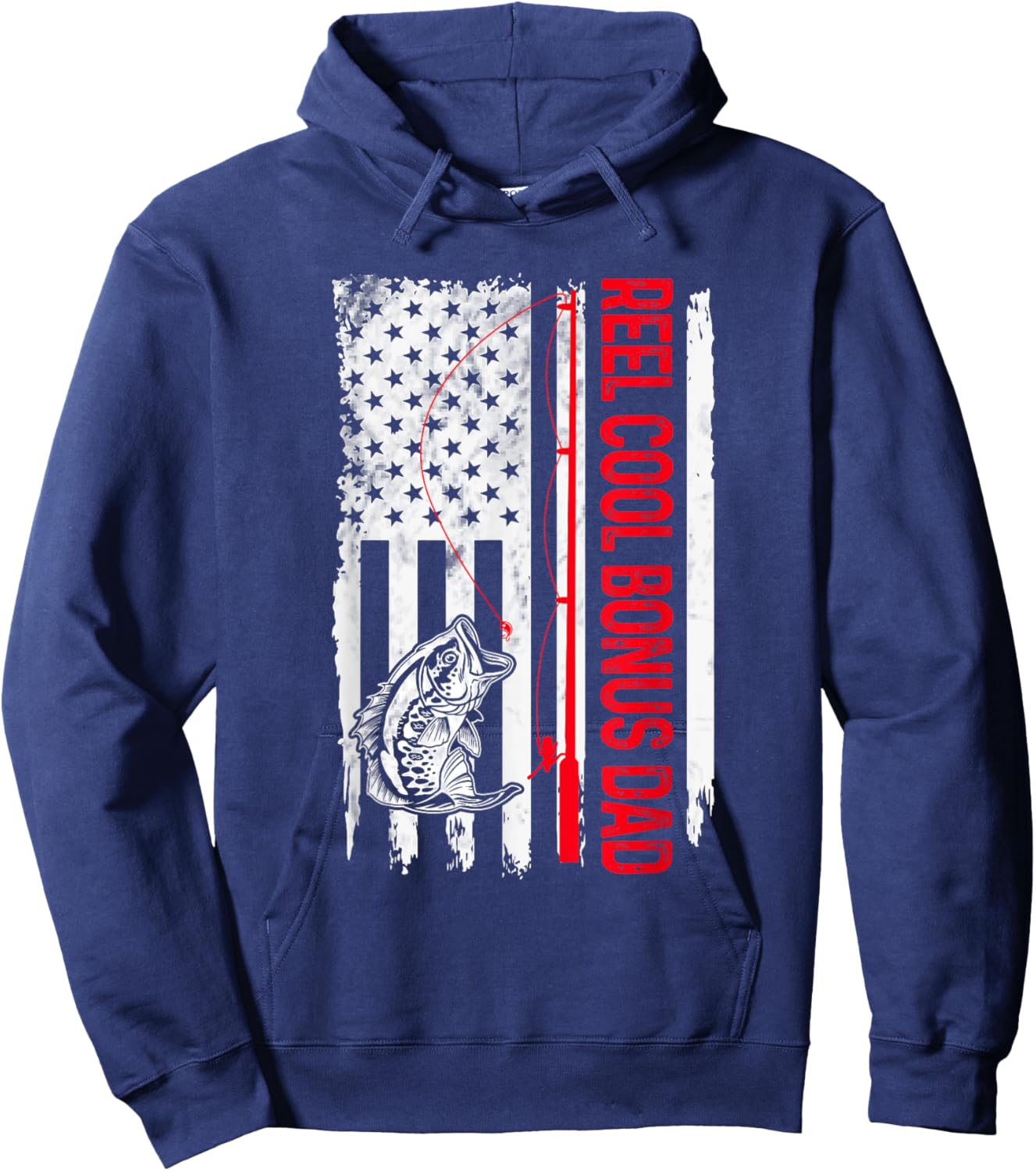 Reel Cool Bonus Dad Fishing American Flag Funny Stepdad Hoodie - Hoodie | Navy