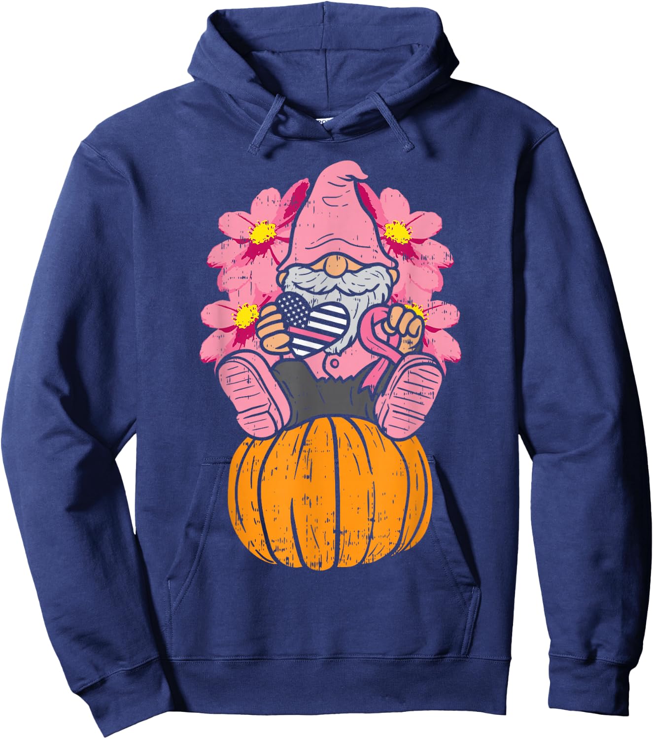 Gnome On Pumpkin Pink Ribbon Breast Cancer Halloween Gift Hoodie - Hoodie | Navy