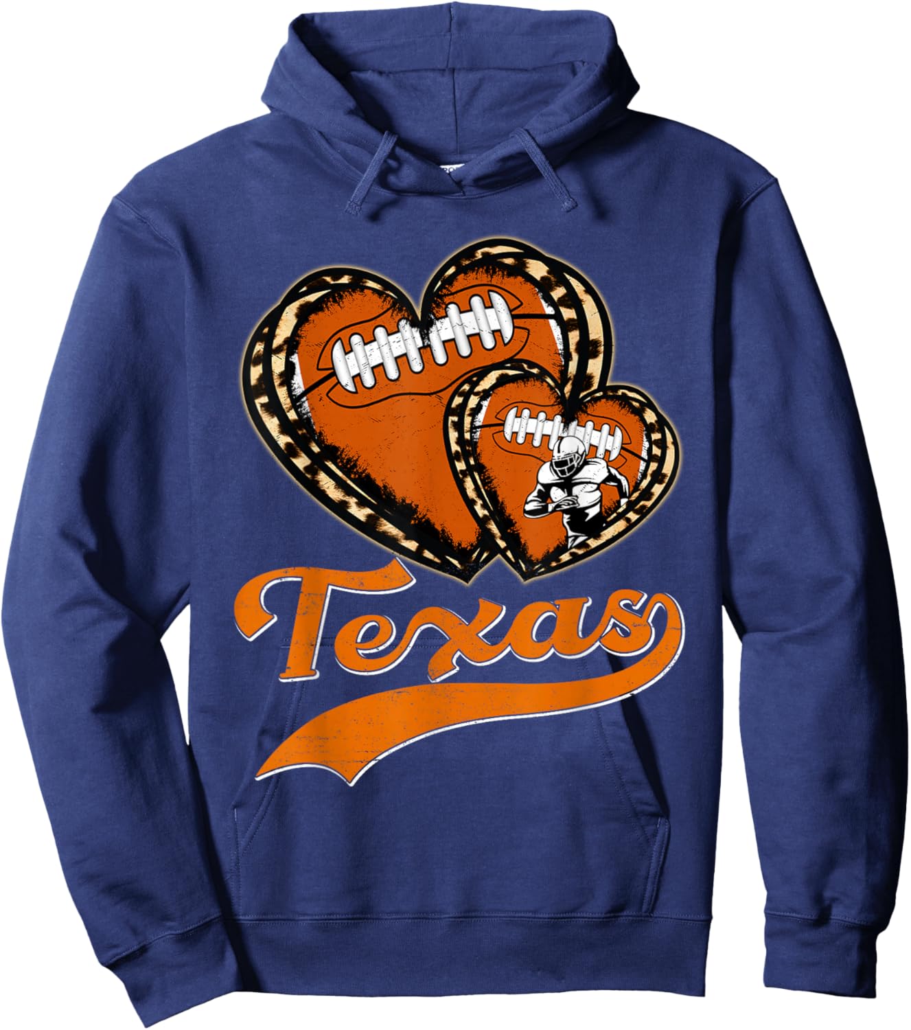 Vintage Leopard Heart Texas Football Player Sport Fans Hoodie - Hoodie | Navy