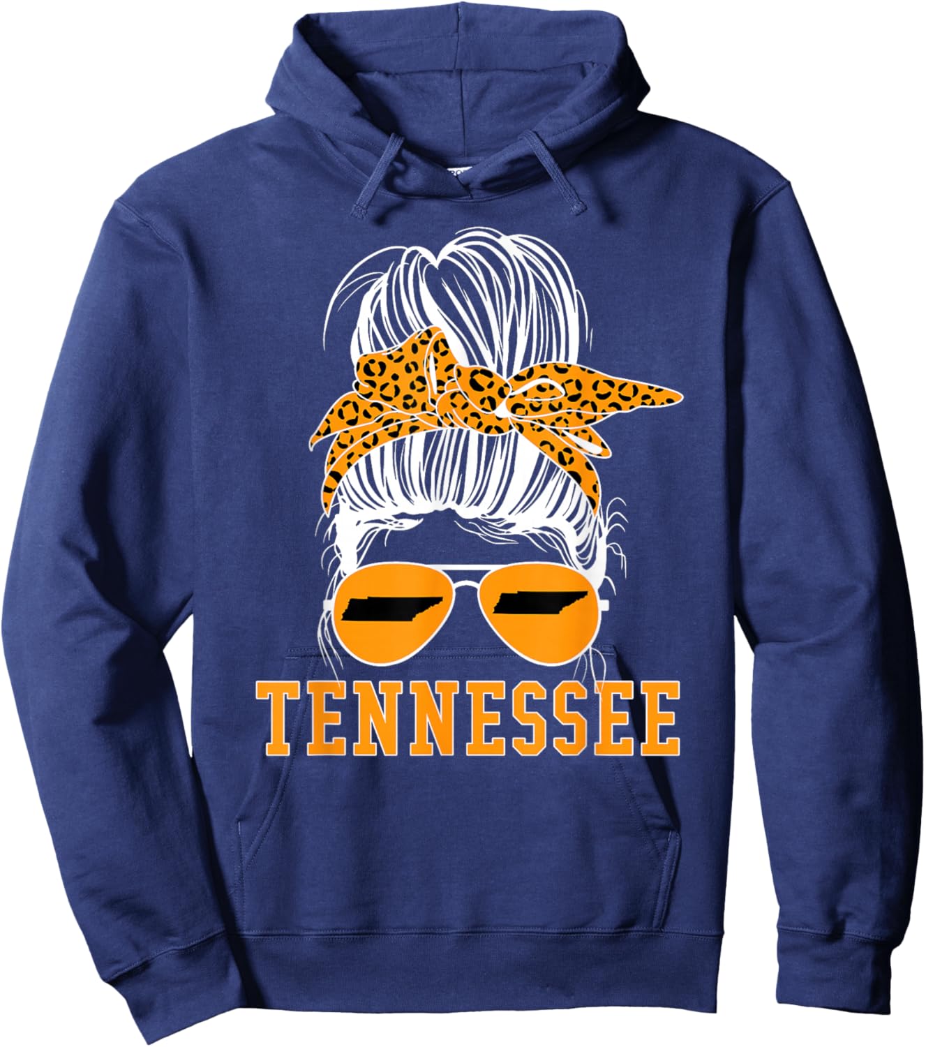 Tennessee TN State Women Leopard Messy Bun Orange Text Hoodie - Hoodie | Navy
