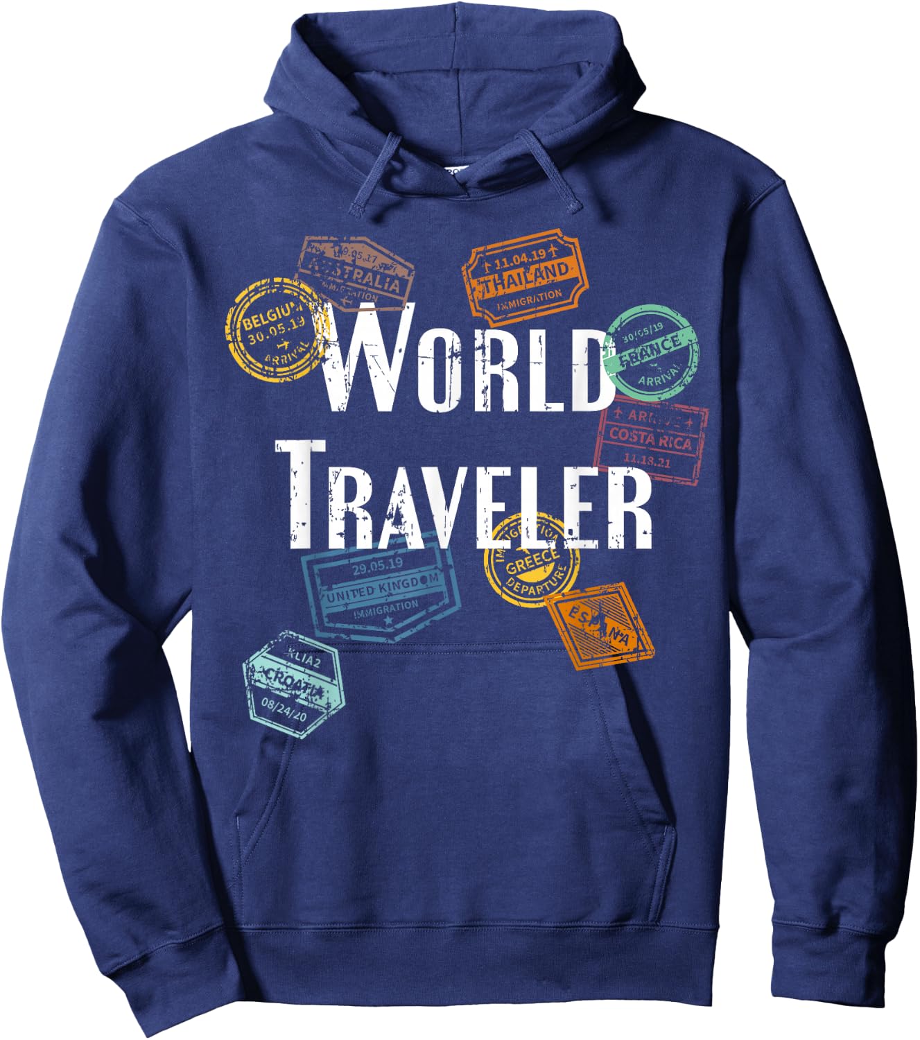 Vintage Distressed World Traveler Passport Stamp Gift Shirt Hoodie - Hoodie | Navy