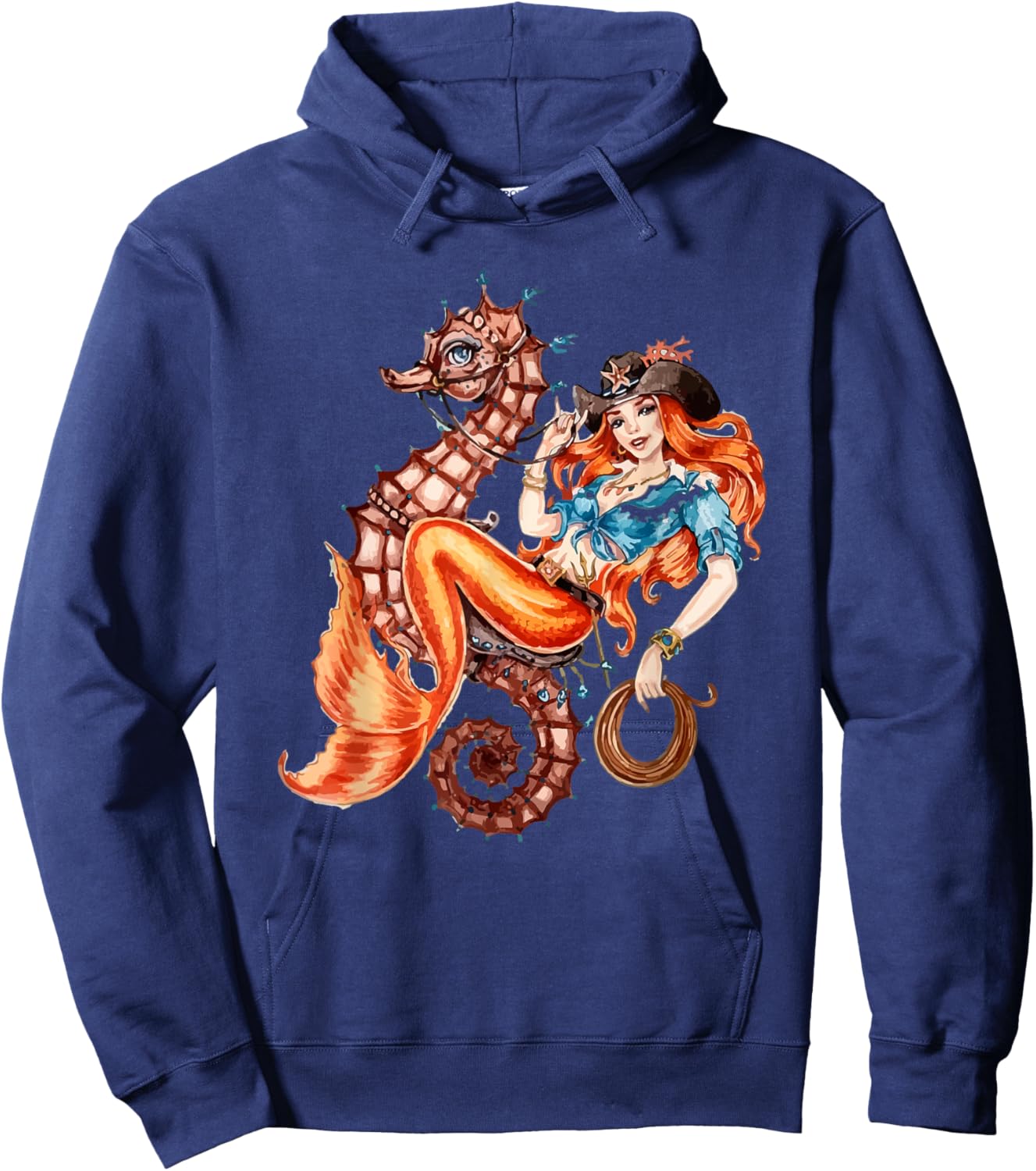 Mermaid Riding Seahorse Vintage Retro Cowgirl Rodeo Hoodie - Hoodie | Navy