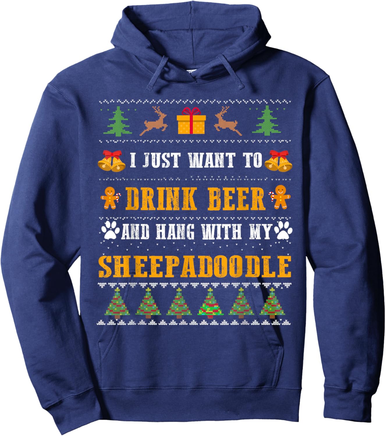 Drink Beer Funny Sheepadoodle Lovers Ugly Christmas Sweater Hoodie - Hoodie | Navy
