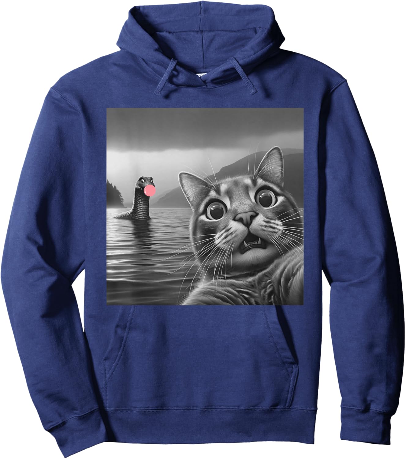 Funny Surprised Cat Selfie with Loch Ness Monster, Bubble Women Girls Kids Hoodie - Hoodie | Navy