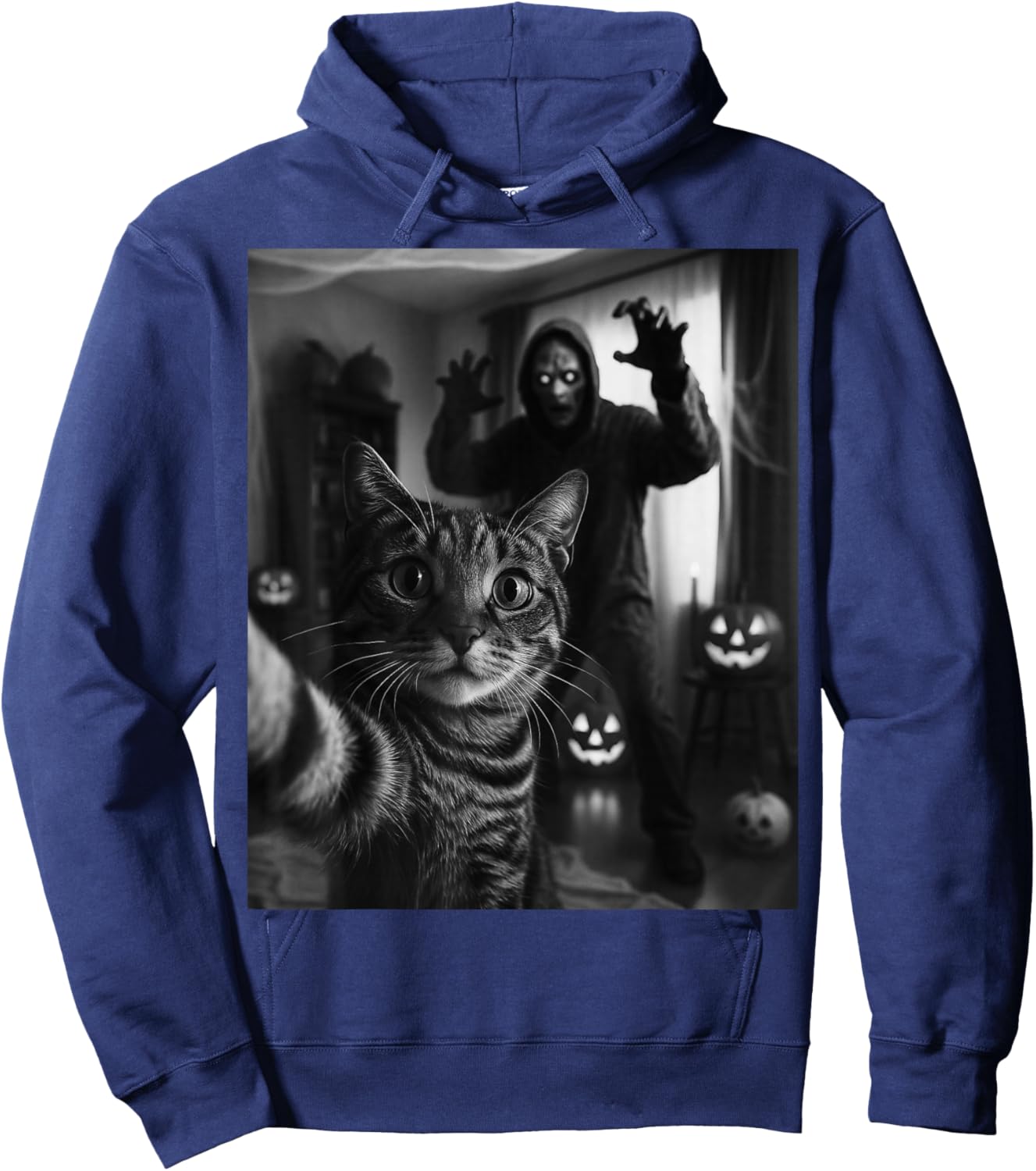 Funny Cat Selfie with Skeleton Scary Halloween Meme Hoodie - Hoodie | Navy
