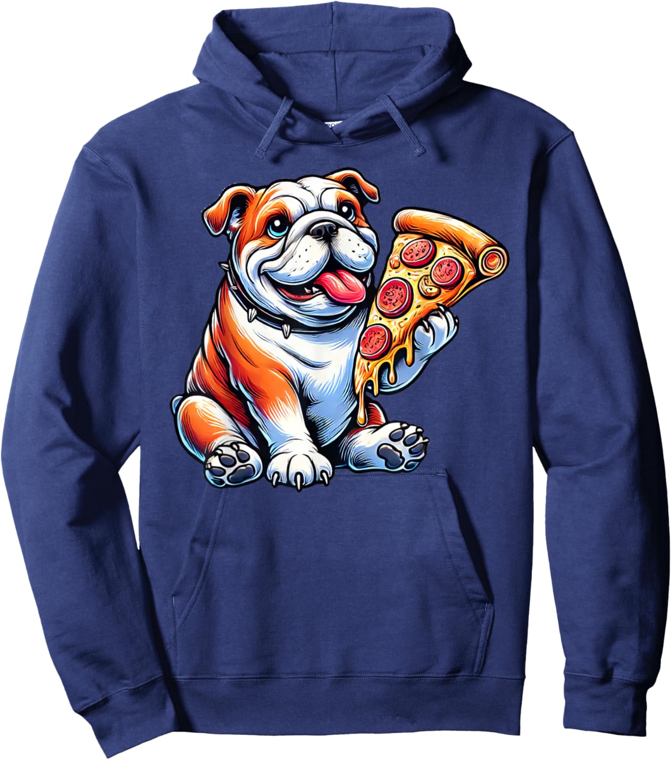 Cute English Bulldog Dog Eating Pizza Hoodie - Hoodie | Navy